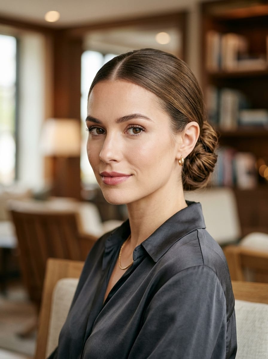Eleganter Low Updo mit Mittelscheitel - Hochsteckfrisur für lange Haare